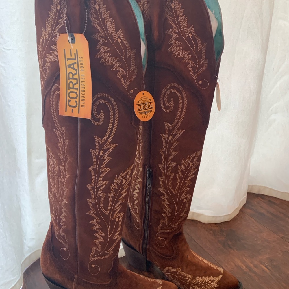 Corral Brown Suede Embroidered Knee-High Heeled Boots with Cream Stitching
